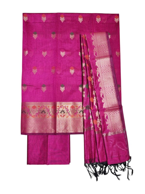 Dark Pink Banarasi Silk Unstitched Suit Set for Women