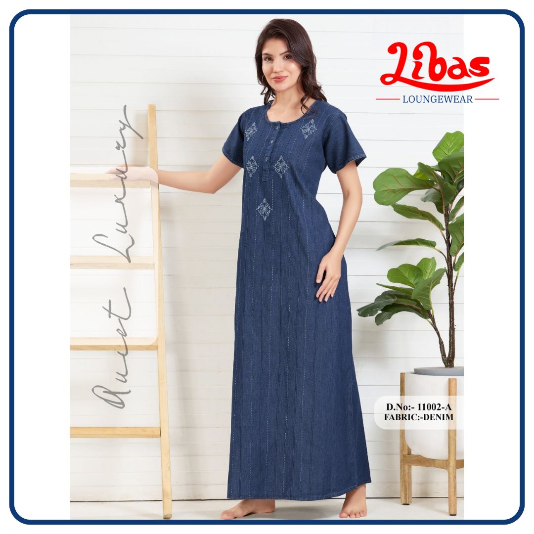 Dragonfly Blue Denim Cotton Nighty With Self Embroidery All Over From Libas Loungewear - AL1118