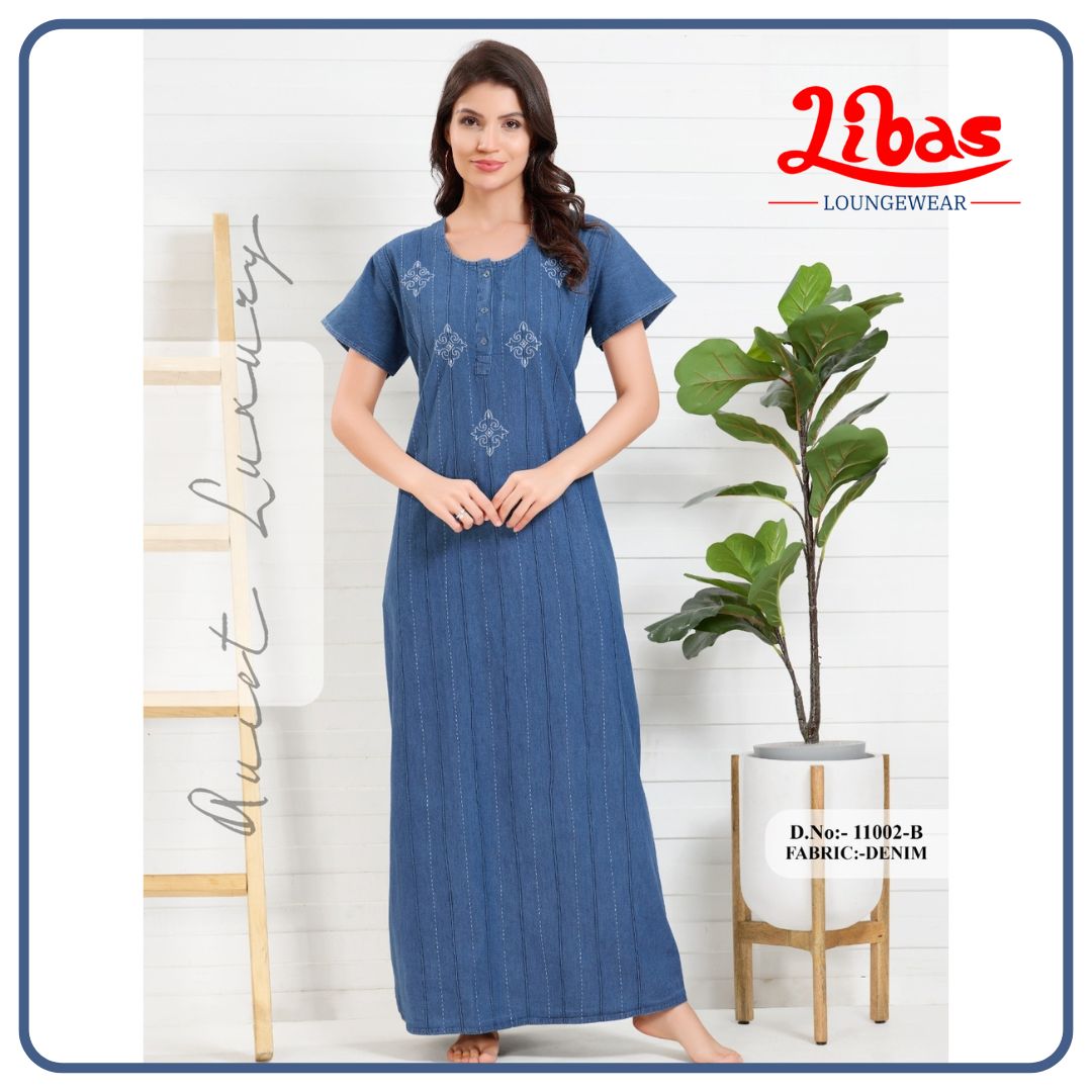 Sea of Galilee Blue Denim Cotton Nighty With Self Embroidery All Over From Libas Loungewear - AL1119