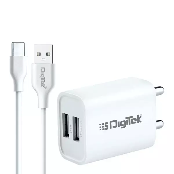 Digitek Smart Fast Charger DMC-026C โ Dual USB 2.4A Adapter with Type-C Cable Digitek Smart Fast Charger DMC-026C โ Dual USB 2.4A Adapter with Type-C Cable