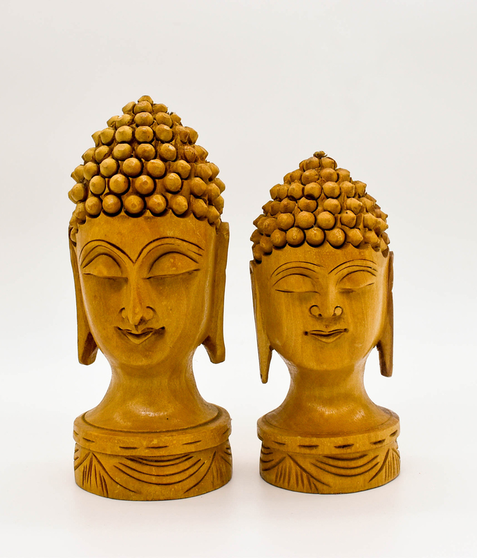 Decorative Buddha Head Statues, Hand-Carved Wood, Set of 2, 15.5 cm and 13 cm