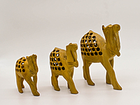 Decorative Wooden Camel Figurines, Set of 3, Handcrafted Jali Design, Natural