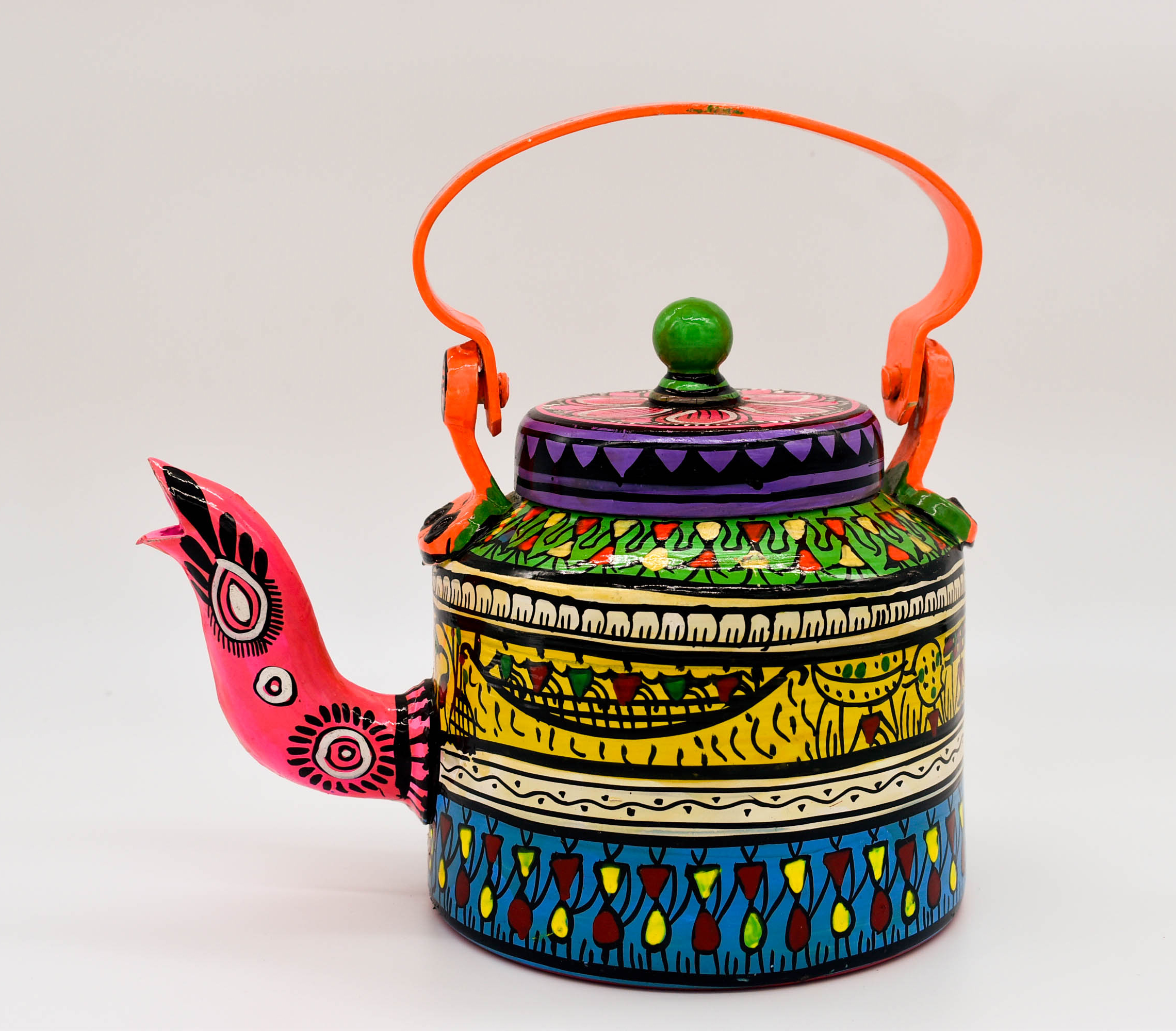 attachitra Hand-Painted Tea Kettle, Traditional Indian Folk Art Design, Multicoloured Aluminium