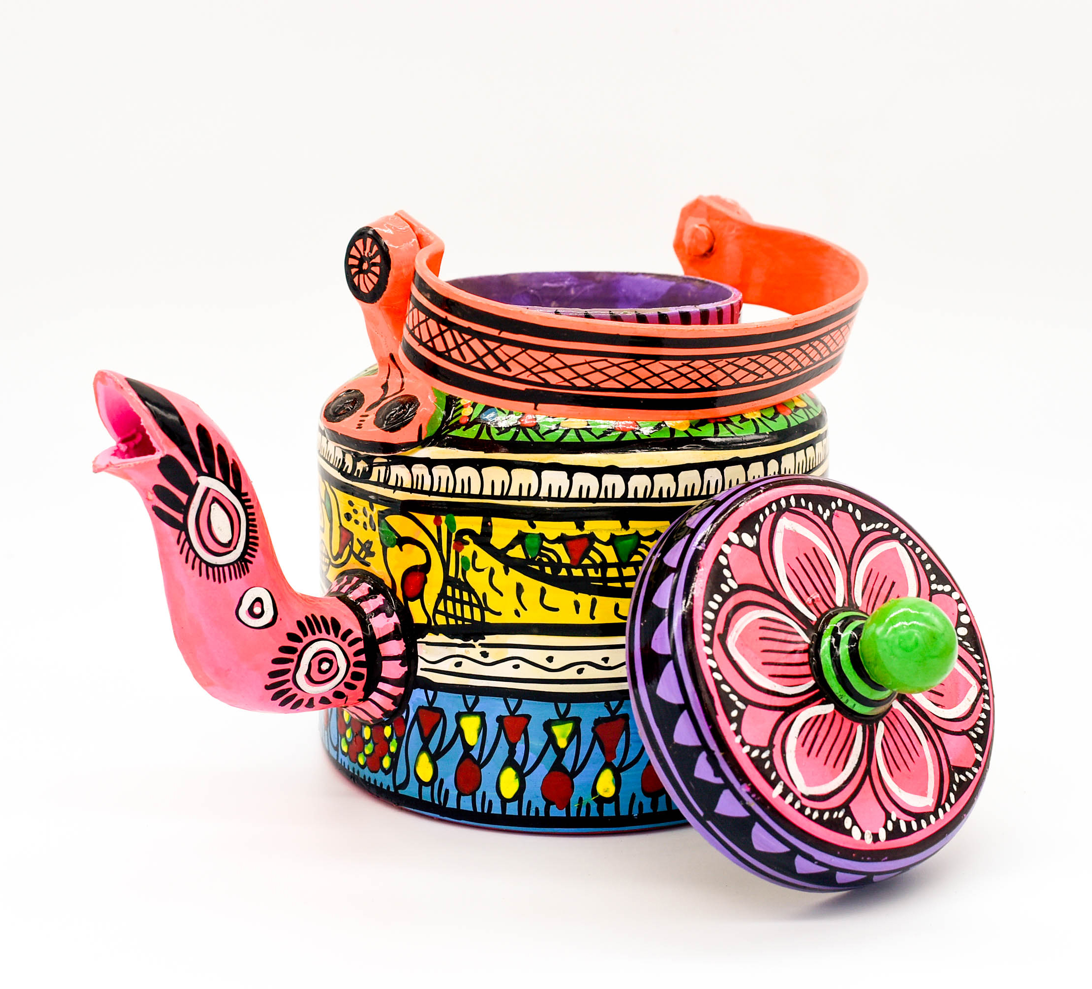 attachitra Hand-Painted Tea Kettle, Traditional Indian Folk Art Design, Multicoloured Aluminium