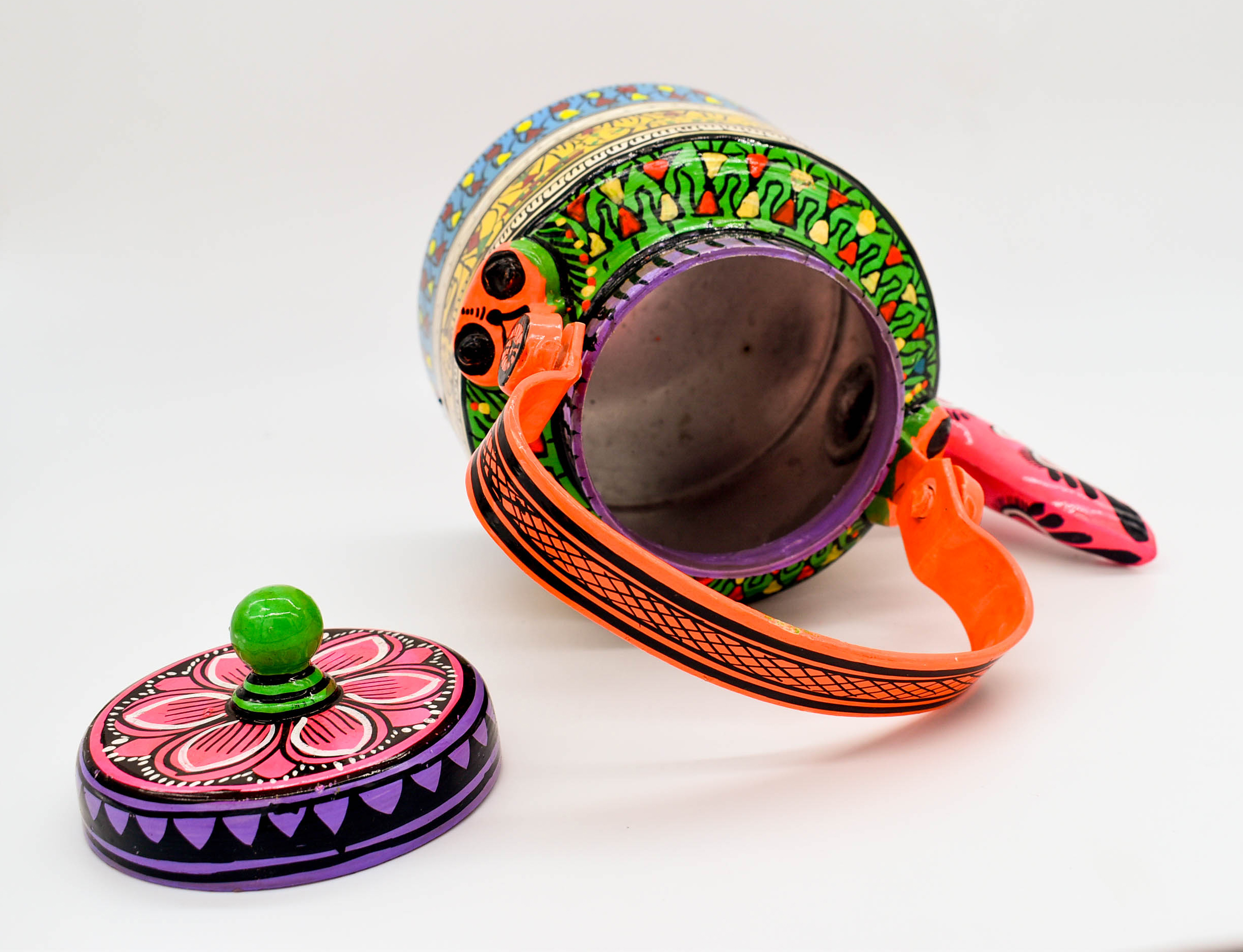 attachitra Hand-Painted Tea Kettle, Traditional Indian Folk Art Design, Multicoloured Aluminium