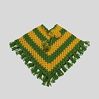(6-12 Months) Baby Handknitted Woolen Poncho, Green and Yellow Striped with Fringe Detail