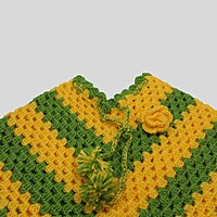 (6-12 Months) Baby Handknitted Woolen Poncho, Green and Yellow Striped with Fringe Detail