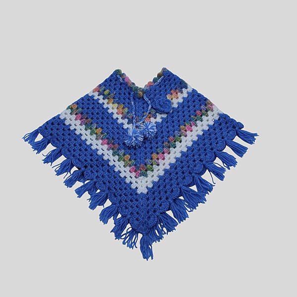 (1-2 Years) Baby Handknitted Woolen Poncho, Blue with Multicolor Pattern
