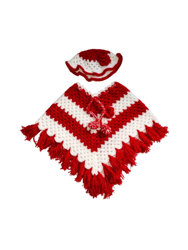 EELIKA Handmade Crotchet Woolen Poncho with Cap for Kids, 2-3 Years, Red and White