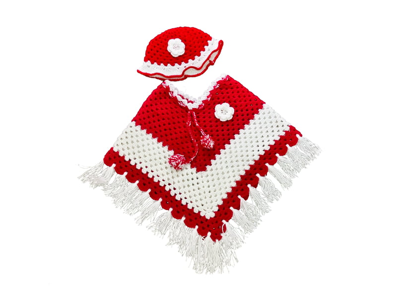 Handknitted red and white woolen poncho with cap for kids between 1 and 2 years || winterwear || beautiful design and excellent finish and amazing crotchet work