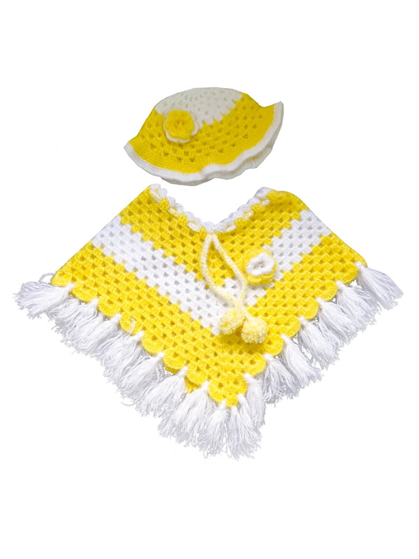 EELIKA Handmade Woolen Crochet Poncho with Caps for Kids, 3 to 6 Months, Yellow and White