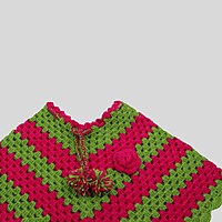 (1-2 Years) Baby Handknitted Woolen Poncho, Red and Green Crochet Design