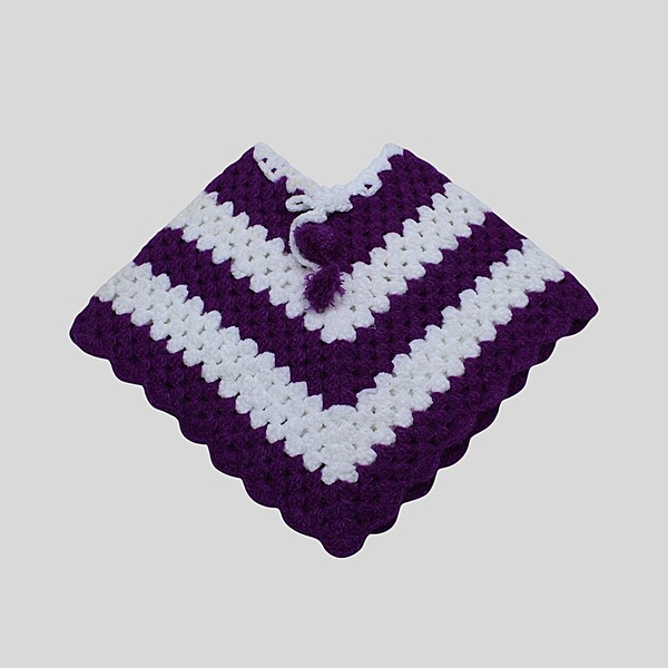 (6-12 Months) Baby Handknitted Woolen Poncho, Purple and White