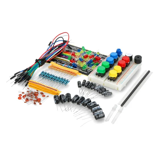 Kit with Capacitors, Resistors, Transistors, Diodes., LED 5mm, Buzzer, Bread board small