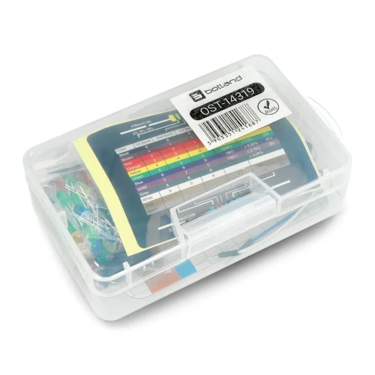 Kit with Capacitors, Resistors, Transistors, Diodes., LED 5mm, Buzzer, Bread board small