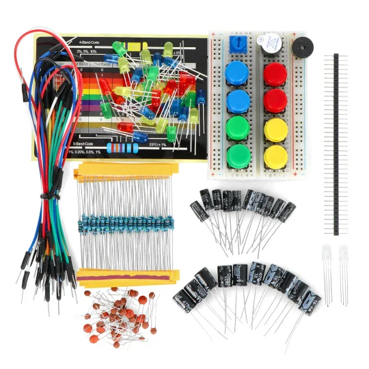 Kit with Capacitors, Resistors, Transistors, Diodes., LED 5mm, Buzzer, Bread board small
