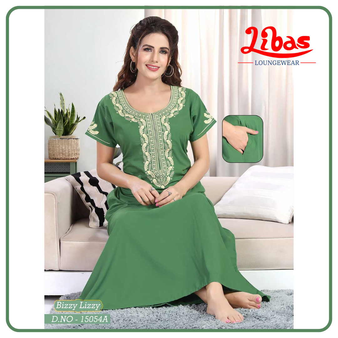 Grass Green Bizi Lizi Plain Embroidery Nighty From Libas Loungewear - EN175