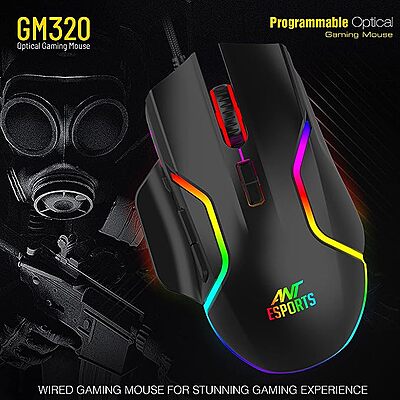 Ant Esports GM320 RGB Optical Wired Gaming Mouse | 8 Programmable Buttons | 12800 DPI I Ergonomic Design with Braided Cable - Black
