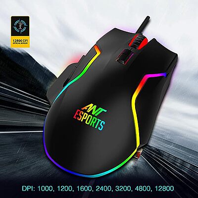 Ant Esports GM320 RGB Optical Wired Gaming Mouse | 8 Programmable Buttons | 12800 DPI I Ergonomic Design with Braided Cable - Black