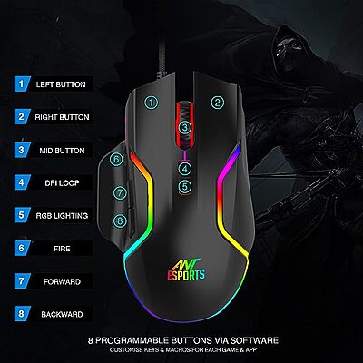 Ant Esports GM320 RGB Optical Wired Gaming Mouse | 8 Programmable Buttons | 12800 DPI I Ergonomic Design with Braided Cable - Black