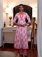 CORAL AND WHITE FLORAL PRINT COTTON SALWAR SUIT SET