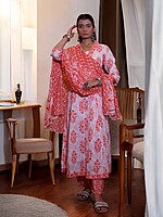 CORAL AND WHITE FLORAL PRINT COTTON SALWAR SUIT SET
