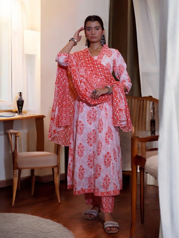 CORAL AND WHITE FLORAL PRINT COTTON SALWAR SUIT SET