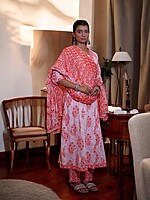 CORAL AND WHITE FLORAL PRINT COTTON SALWAR SUIT SET