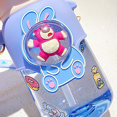 BPA Free Cartoon Doll Strawberry Bear Strap Kettle Student Kids Outdoor Portable Anti-fall Plastic Water Bottle with Straw