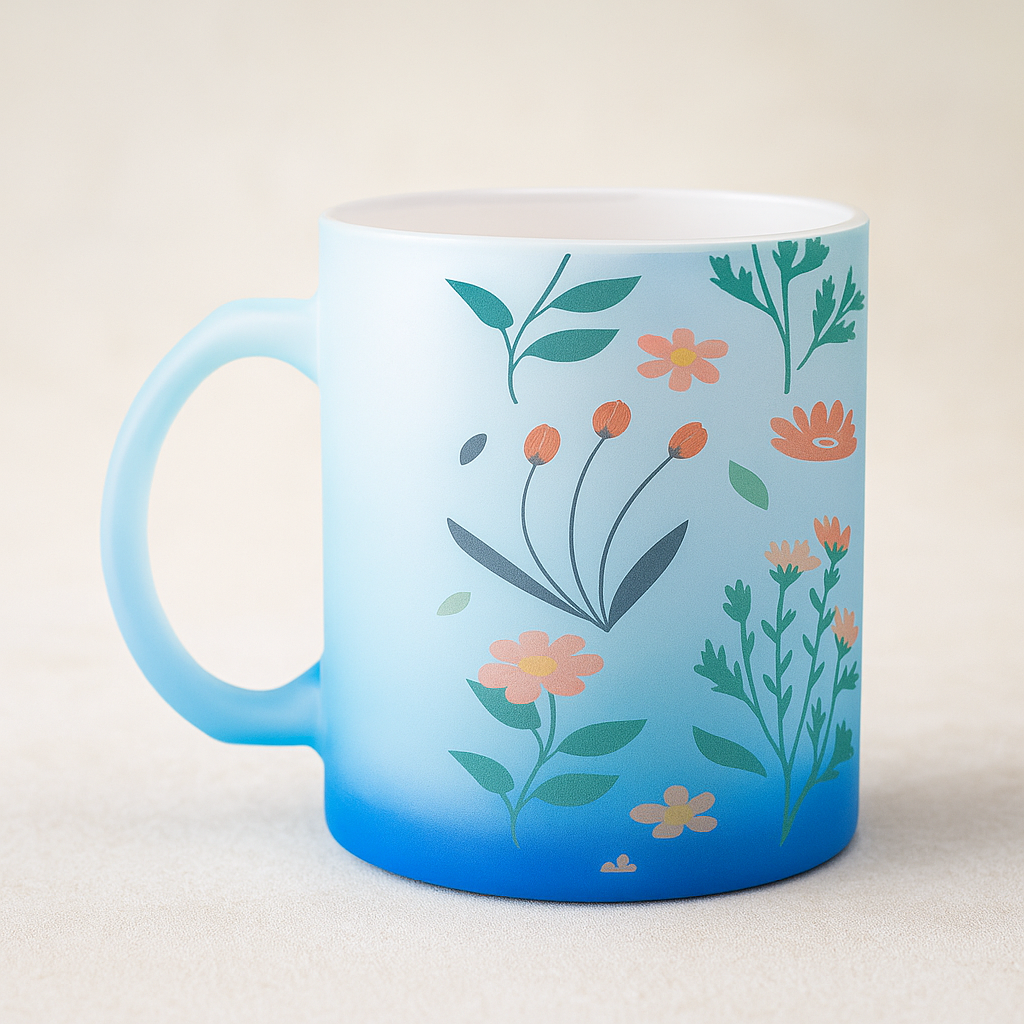 Printed Sublimation Frosted Blue Glass Mug|Design - Colourful Flowers |Best Gift for Tea Lover|330 ml Printed Sublimation Frosted Blue Glass Mug|Design - Colourful Flowers |Best Gift for Tea Lover|330 ml