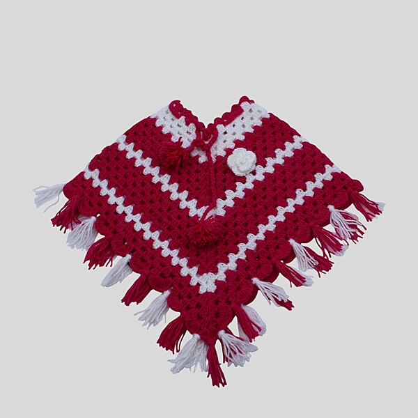(6-12 Months) Baby Handknitted Woolen Poncho, Red and White