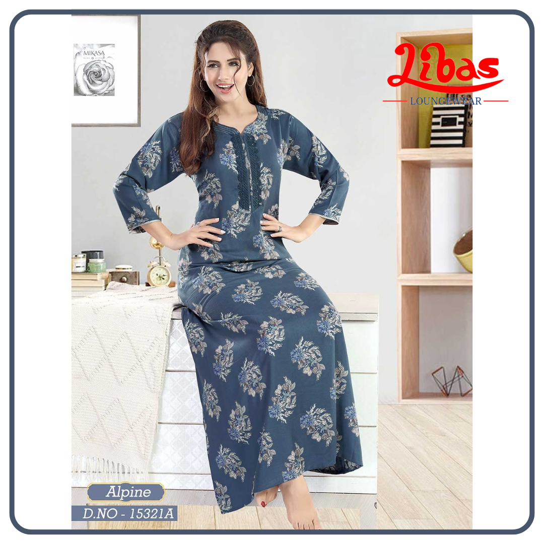 Mid Night Blue Alpine Long Sleeve Nighty With Floral Print All Over From Libas Loungewear - LSN214
