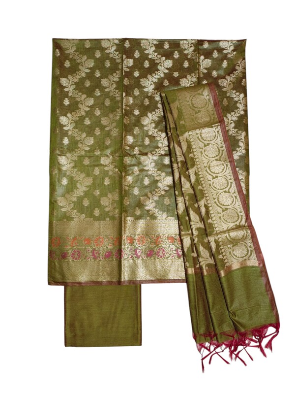 Unstitched Green Banarasi Cotton Silk Salwar Suit Set with Dupatta for Women