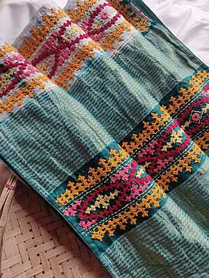 green and white tie and dye hand embroidered Bangalore silk saree