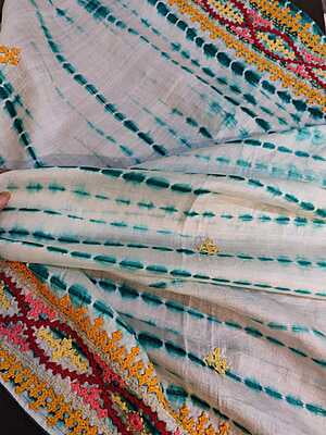 green and white tie and dye hand embroidered Bangalore silk saree