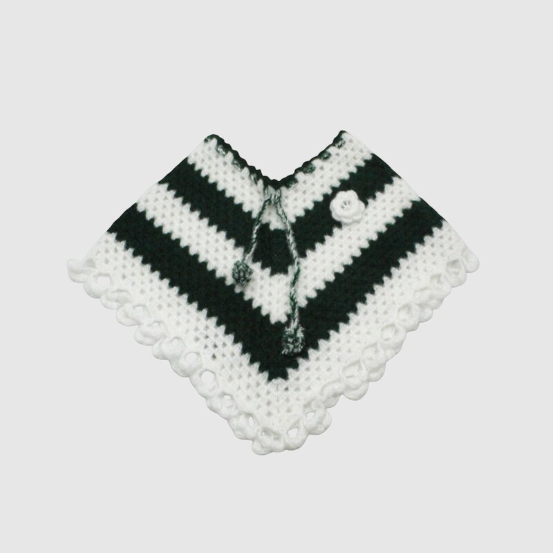 (4-5 Years) Baby Girl Woolen Poncho, Handknitted, White and Green