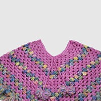 (3-4 Years) Handknitted Woolen Kids Poncho, Pink and Multicolour