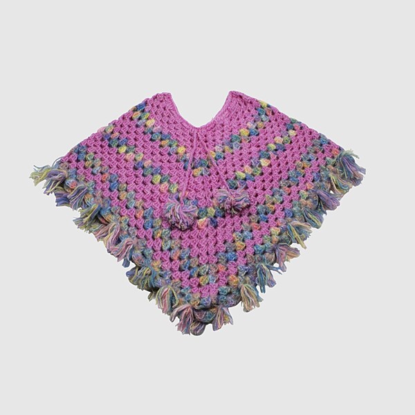 (3-4 Years) Handknitted Woolen Kids Poncho, Pink and Multicolour