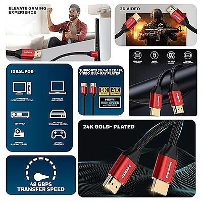 Honeywell HDMI Cable 2.1 with Ethernet, 8k@60Hz, 4K@120Hz UHD Resolution, (9.8ft/3M), 48 GBPS Transmission Ultra High Speed, Dolby DTS, eARC, 3D,Male- Honeywell HDMI Cable 2.1 with Ethernet, 8k@60Hz, 4K@120Hz UHD Resolution, (9.8ft/3M), 48 GBPS Transmission Ultra High Speed, Dolby DTS, eARC, 3D,Male-