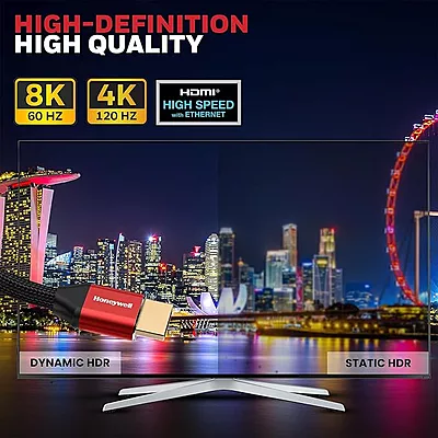 Honeywell HDMI Cable 2.1 with Ethernet, 8k@60Hz, 4K@120Hz UHD Resolution, (9.8ft/3M), 48 GBPS Transmission Ultra High Speed, Dolby DTS, eARC, 3D,Male- Honeywell HDMI Cable 2.1 with Ethernet, 8k@60Hz, 4K@120Hz UHD Resolution, (9.8ft/3M), 48 GBPS Transmission Ultra High Speed, Dolby DTS, eARC, 3D,Male-