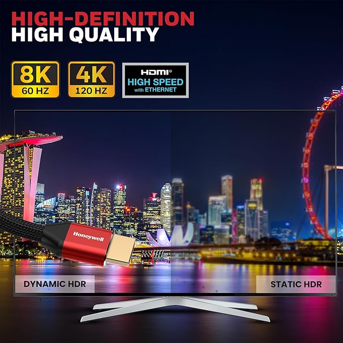 Honeywell HDMI Cable 2.1 with Ethernet, 8k@60Hz, 4k@120Hz UHD Resolution, 5 Mtr(16.4ft), 48 GBPS Transmission Ultra High Speed, Dolby DTS, eARC,3D Honeywell HDMI Cable 2.1 with Ethernet, 8k@60Hz, 4k@120Hz UHD Resolution, 5 Mtr(16.4ft), 48 GBPS Transmission Ultra High Speed, Dolby DTS, eARC,3D