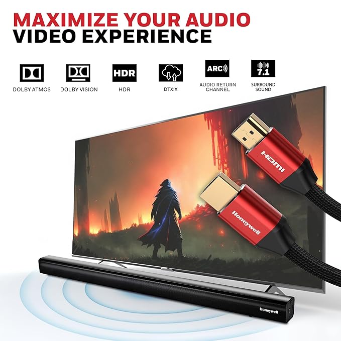Honeywell HDMI Cable 2.1 with Ethernet, 8k@60Hz, 4k@120Hz UHD Resolution, 5 Mtr(16.4ft), 48 GBPS Transmission Ultra High Speed, Dolby DTS, eARC,3D Honeywell HDMI Cable 2.1 with Ethernet, 8k@60Hz, 4k@120Hz UHD Resolution, 5 Mtr(16.4ft), 48 GBPS Transmission Ultra High Speed, Dolby DTS, eARC,3D