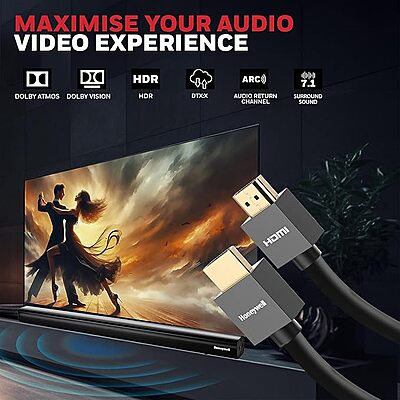 Honeywell HDMI Cable v2.0 with Ethernet, 3D/4K@60Hz Ultra HD Resolution, 2 Mtr, 18 GBPS Transmission Speed, High-Speed, Compatible with all HDMI Devic