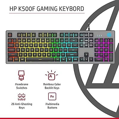 HP K500F Backlit Membrane Wired Gaming Keyboard with Mixed Color Lighting, Metal Panel with Logo Lighting, 26 Anti-Ghosting Keys, and Windows Lock Key HP K500F Backlit Membrane Wired Gaming Keyboard with Mixed Color Lighting, Metal Panel with Logo Lighting, 26 Anti-Ghosting Keys, and Windows Lock Key