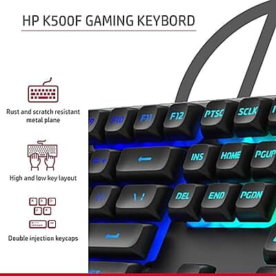 HP K500F Backlit Membrane Wired Gaming Keyboard with Mixed Color Lighting, Metal Panel with Logo Lighting, 26 Anti-Ghosting Keys, and Windows Lock Key HP K500F Backlit Membrane Wired Gaming Keyboard with Mixed Color Lighting, Metal Panel with Logo Lighting, 26 Anti-Ghosting Keys, and Windows Lock Key