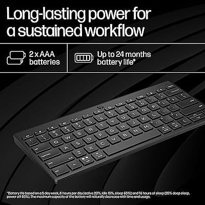 HP 350 Compact Multi-Device Bluetooth Wireless Keyboard; Spill Resistant; Swift Pair; OS Auto-Detection, LED Indicator, Battery Life Up to 24 Months HP 350 Compact Multi-Device Bluetooth Wireless Keyboard; Spill Resistant; Swift Pair; OS Auto-Detection, LED Indicator, Battery Life Up to 24 Months