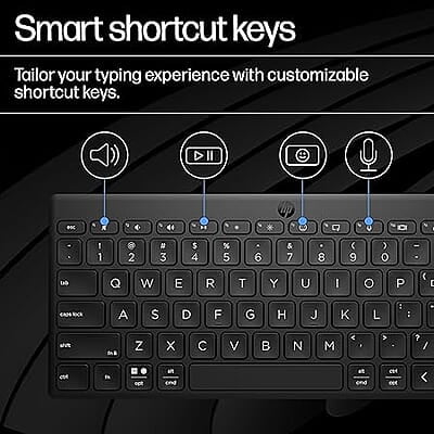 HP 350 Compact Multi-Device Bluetooth Wireless Keyboard; Spill Resistant; Swift Pair; OS Auto-Detection, LED Indicator, Battery Life Up to 24 Months HP 350 Compact Multi-Device Bluetooth Wireless Keyboard; Spill Resistant; Swift Pair; OS Auto-Detection, LED Indicator, Battery Life Up to 24 Months