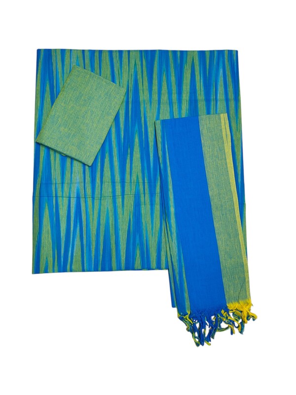 Blue & Green Ikkat Unstitched Handloom Cotton Salwar kameez dress material with dupatta for Women