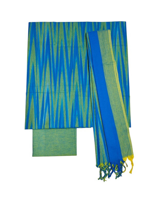 Blue & Green Ikkat Unstitched Handloom Cotton Salwar kameez dress material with dupatta for Women