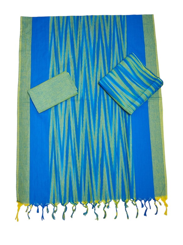 Blue & Green Ikkat Unstitched Handloom Cotton Salwar kameez dress material with dupatta for Women
